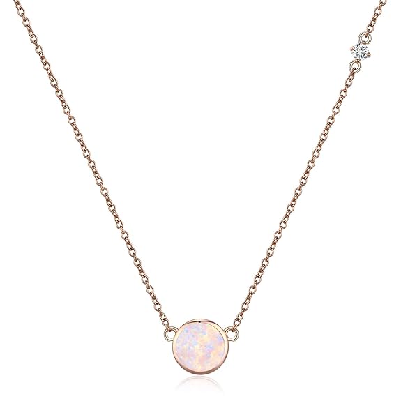 PRAYMOS Kette Damen Rosegold Kreis Runde 925 Sterling Silber mit Verstellbarer Anhänger Synthetischer Opal Halskette Geschenk
