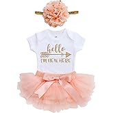 OoSweetCharlotteoO Newborn Baby Girl Coming Home Outfit Hello I am New here Bodysuits 3pcs (Newborn) (Newborn, Peach Short Sleeve)