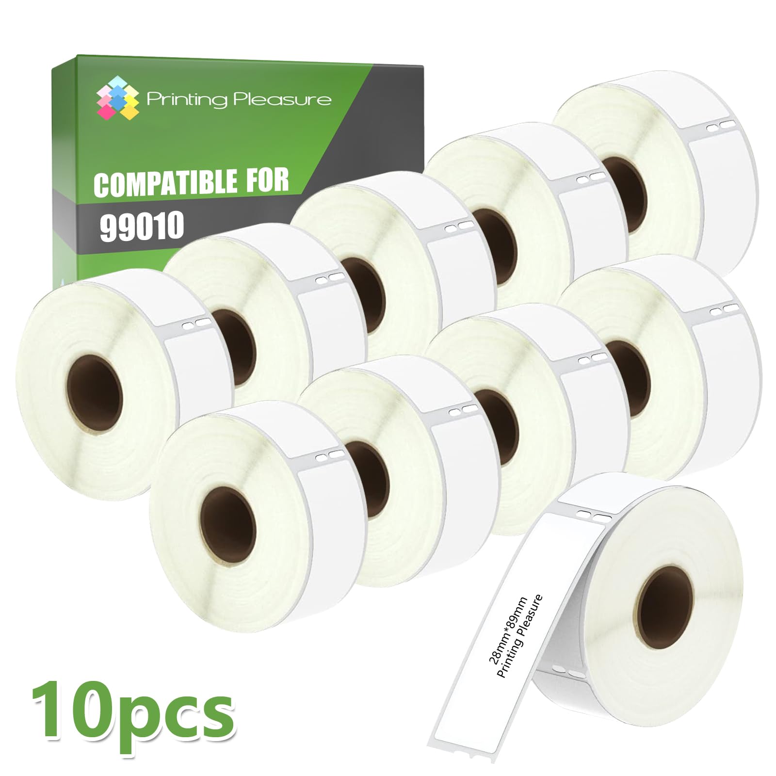 Printing Pleasure 10 x 99010 Compatible Address Labels Rolls for LabelWriter & Seiko Label Printers | 28mm x 89mm | 130 Labels per Roll