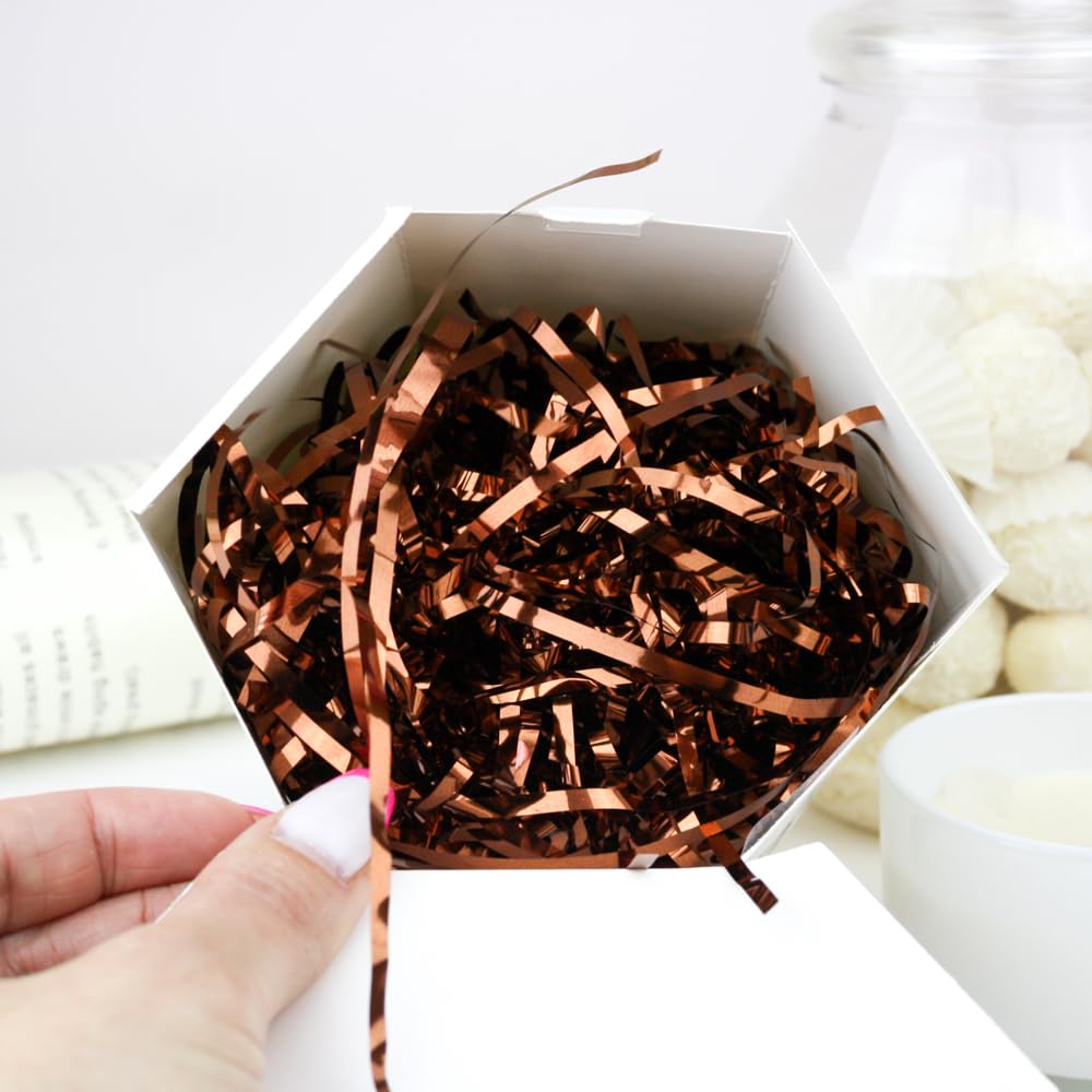 Emartbuy Metallic Copper Metallic Tinsel Foil Shredded Paper Filler – Decorative Crinkle Cut Shreds for Gift Boxes, Hampers, Baskets & Packaging – Lightweight & Reusable – Approx 500 Grams