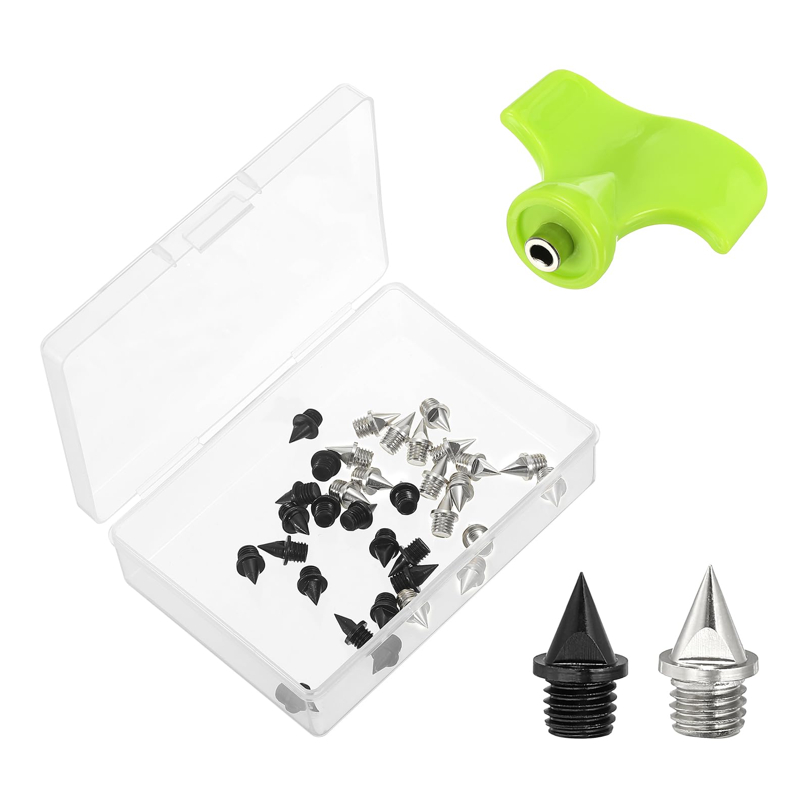 PATIKIL 1/4 Inch Carbon Steel Track Spikes, 32 Pack Sports Shoes Spikes Replacement Accessories with Spike Wrench for Long Jumping Running, Black Silver