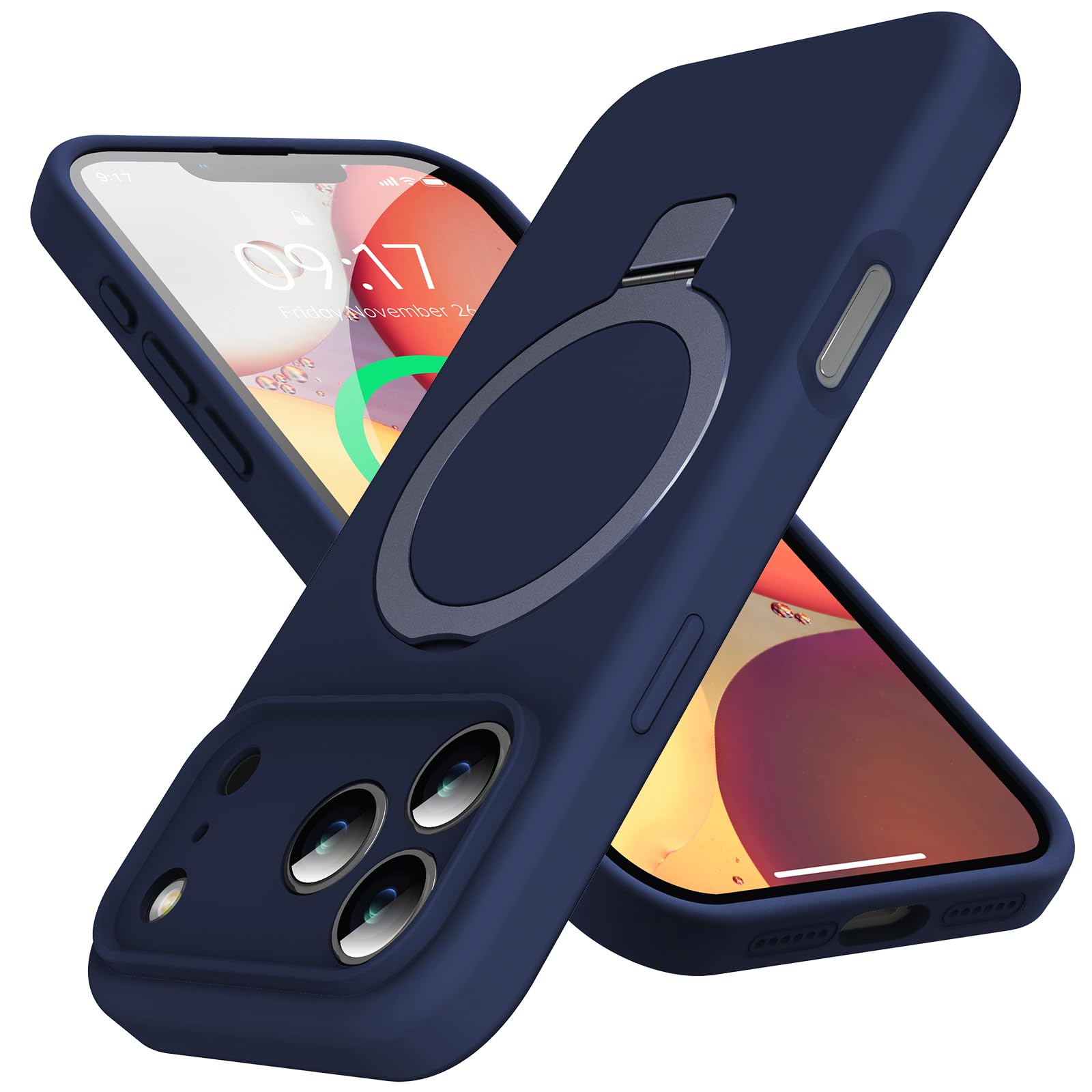 Designed for iPhone 17 Pro Case with Magnetic Invisible Stand, [Compatible with Mag-Safe][Full Camera Protection]Liquid Silicone Shockproof Phone Case with Anti-Scratch Microfiber Lining, Navy Blue