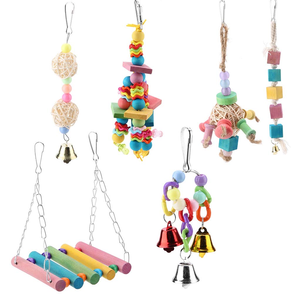 Bird Chew Toy, 6Pcs Set Colorful Wooden Beads Parrot Swing Hanging Bells Cage Bite Toy for Small Parrots, Macaws, Cockatiels, Conures, Parakeets for Indoor Play and Beak Exercise