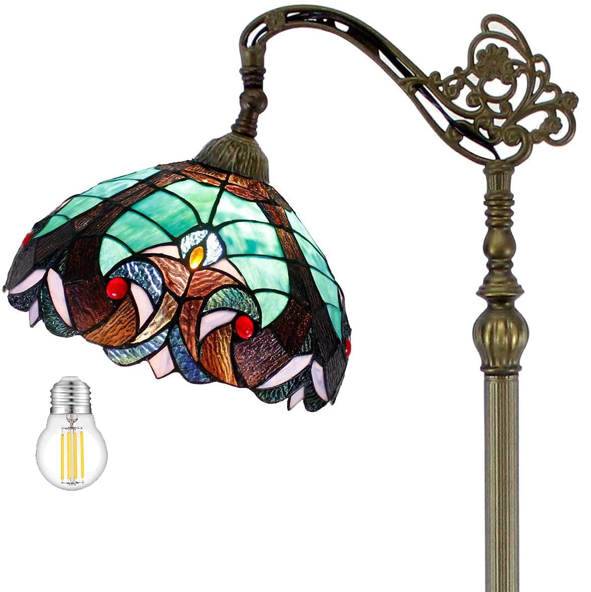 Photo 1 of WERFACTORY Tiffany Floor Lamp Green Liaison Stained Glass Arched Lamp 12X18X64 Inches Gooseneck Adjustable Corner Standing Reading Light Decor Bedroom Living Room S160G Series