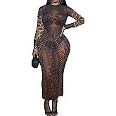 JASASCCEL Women Sexy Sheer Leopard Print Maxi Dress Long Sleeve See Through Aesthetic Cheetah Print Bodycon Dresses