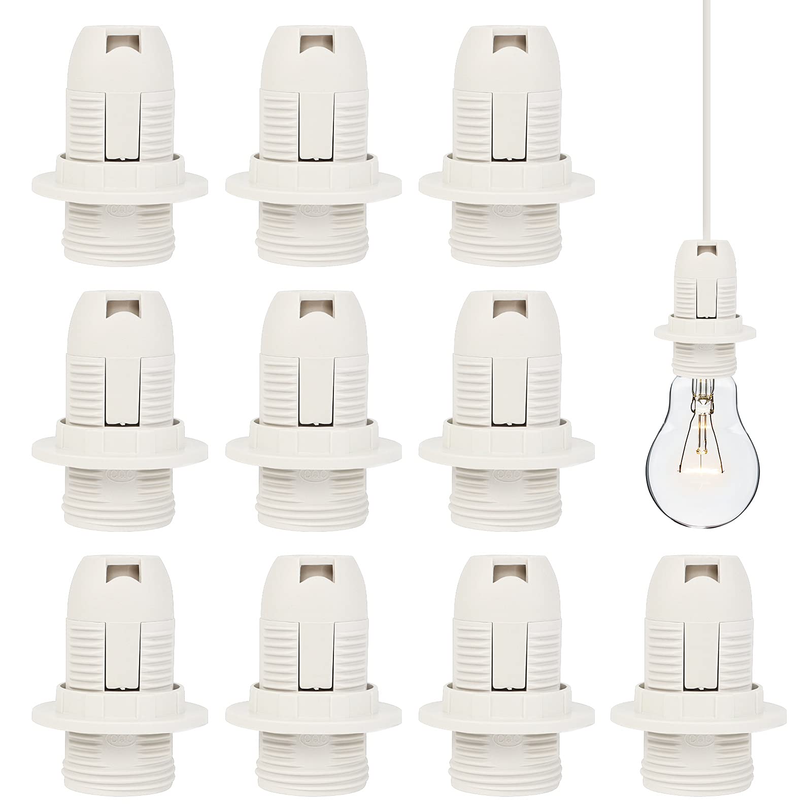 10 PCS Edison Screw E14 Socket - Insulating Plastic Shell, 250V 2A High Conductivity, Pendant Socket & Replacement Ring (White)
