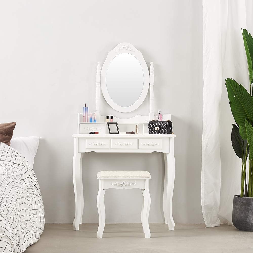 Modern Dressing Table with Stool 5 Drawers and Oval Mirror Wood Makeup Vanity Dresser Set Girls Bedroom Desk (White)