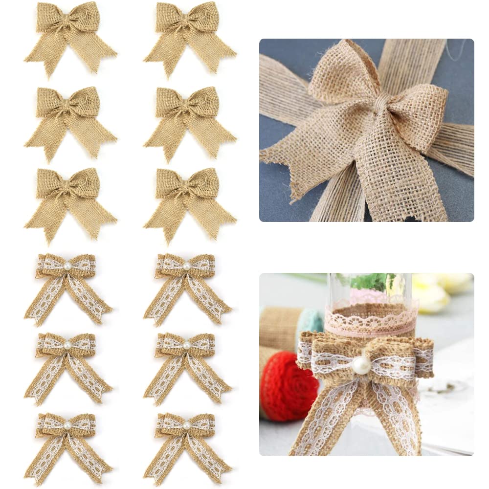 STCRERAG Christmas Bows - 12 Piece Burlap Knot Ribbon Hessian Bows with 2 Styles for DIY Craft Wedding Party Gift Decor