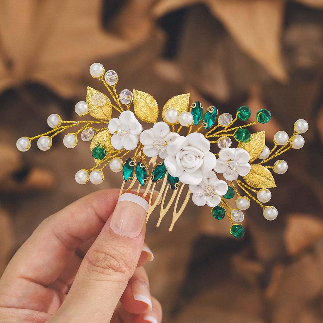 IYOU Flower Wedding Hair Comb Green Crystal Bridal Headpiece Pearl Guest Bride Hair Accessories for Women