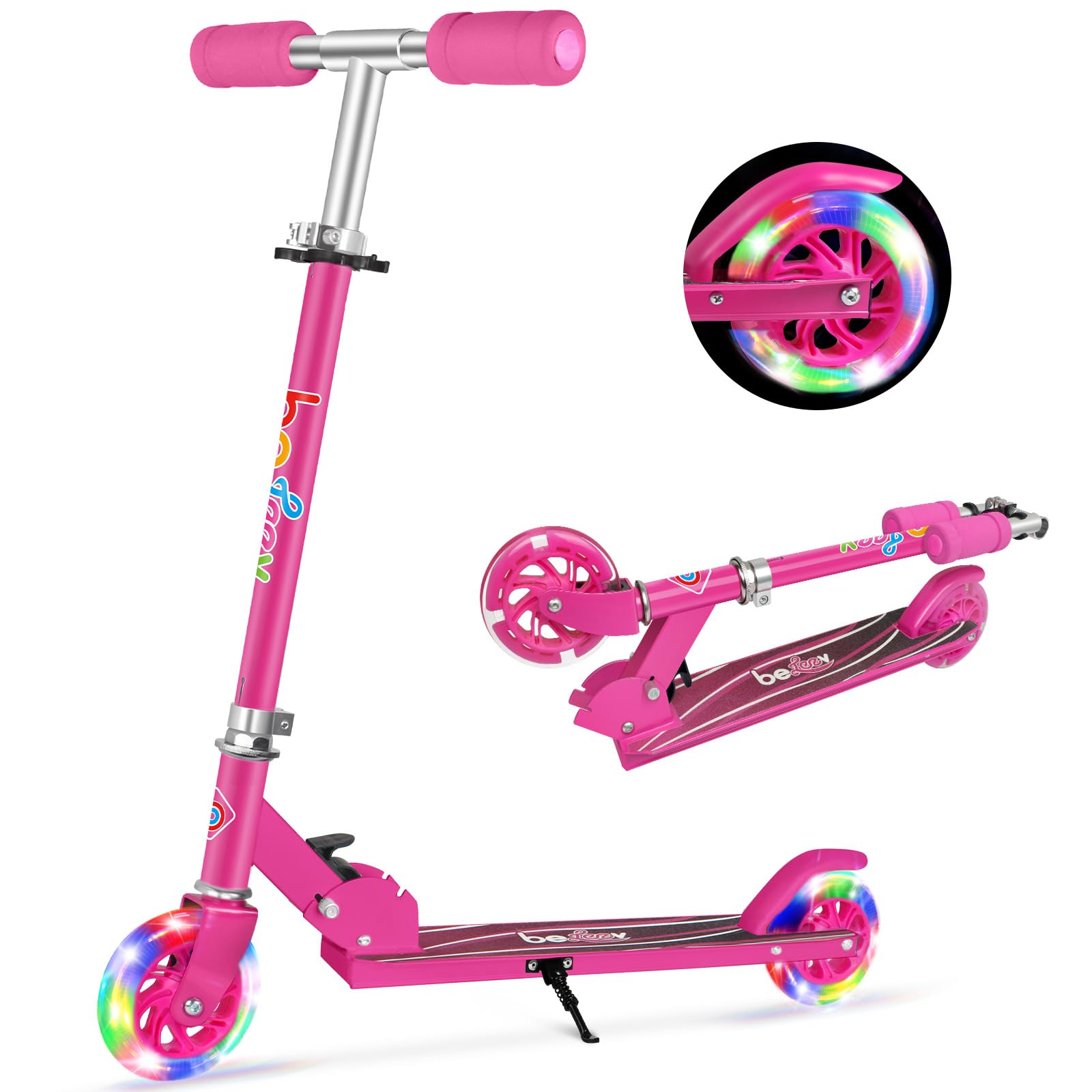 Photo 1 of BELEEV V1 Kids Scooters for Girls, 2 Wheel Folding Kick Scooter with Light Up Wheels, 3 Adjustable Height, Lightweight Scooter with Kickstand for Children Ages 3-12 (Hot Pink)