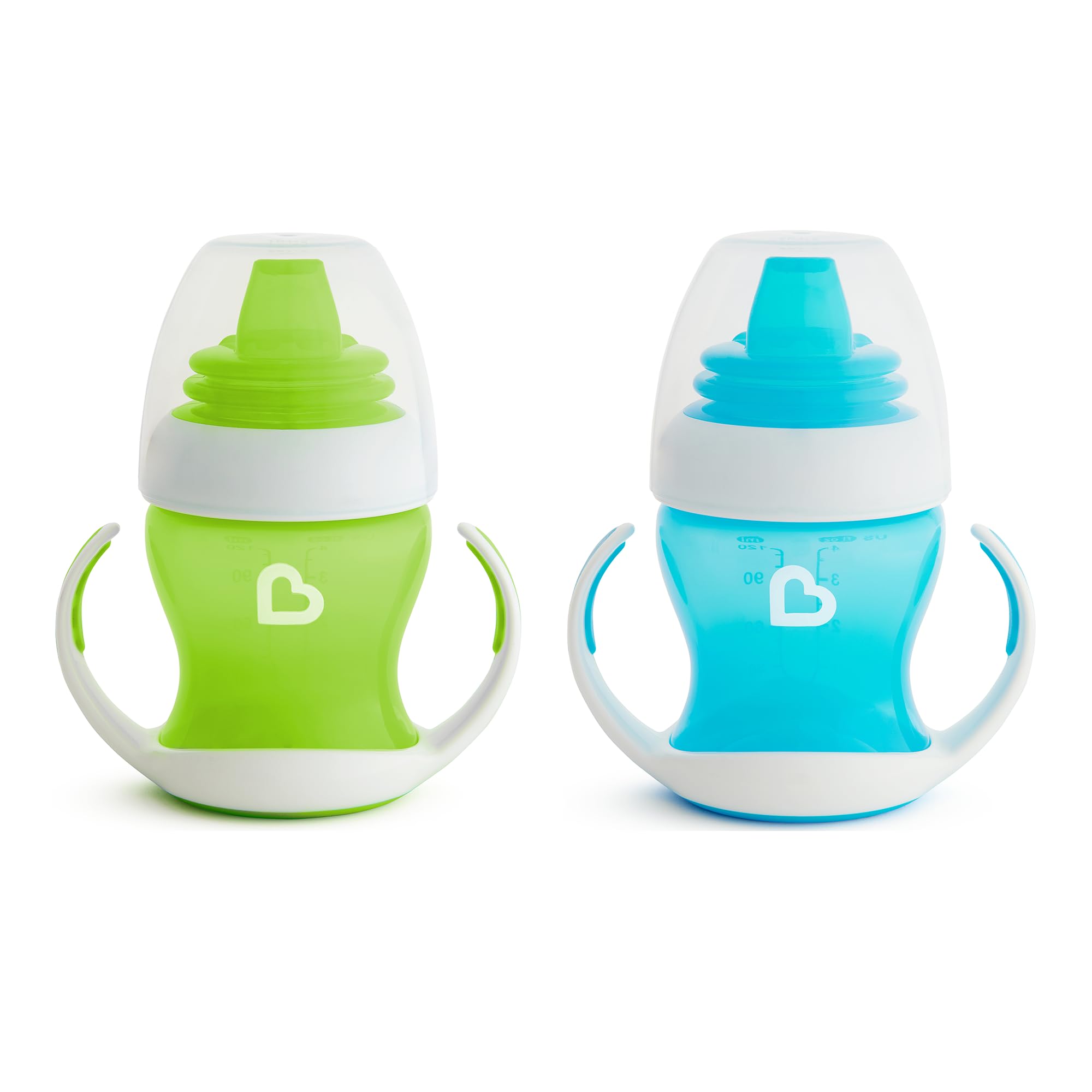 Munchkin Gentle Transition Baby Bottles | Babies and Toddler Bottle with Handles and Lids| Kids Water Bottle with Spout| Non Spill | Baby Led Weaning | for 4+ Months| 2 pack | 4oz/118ml | Blue/Green