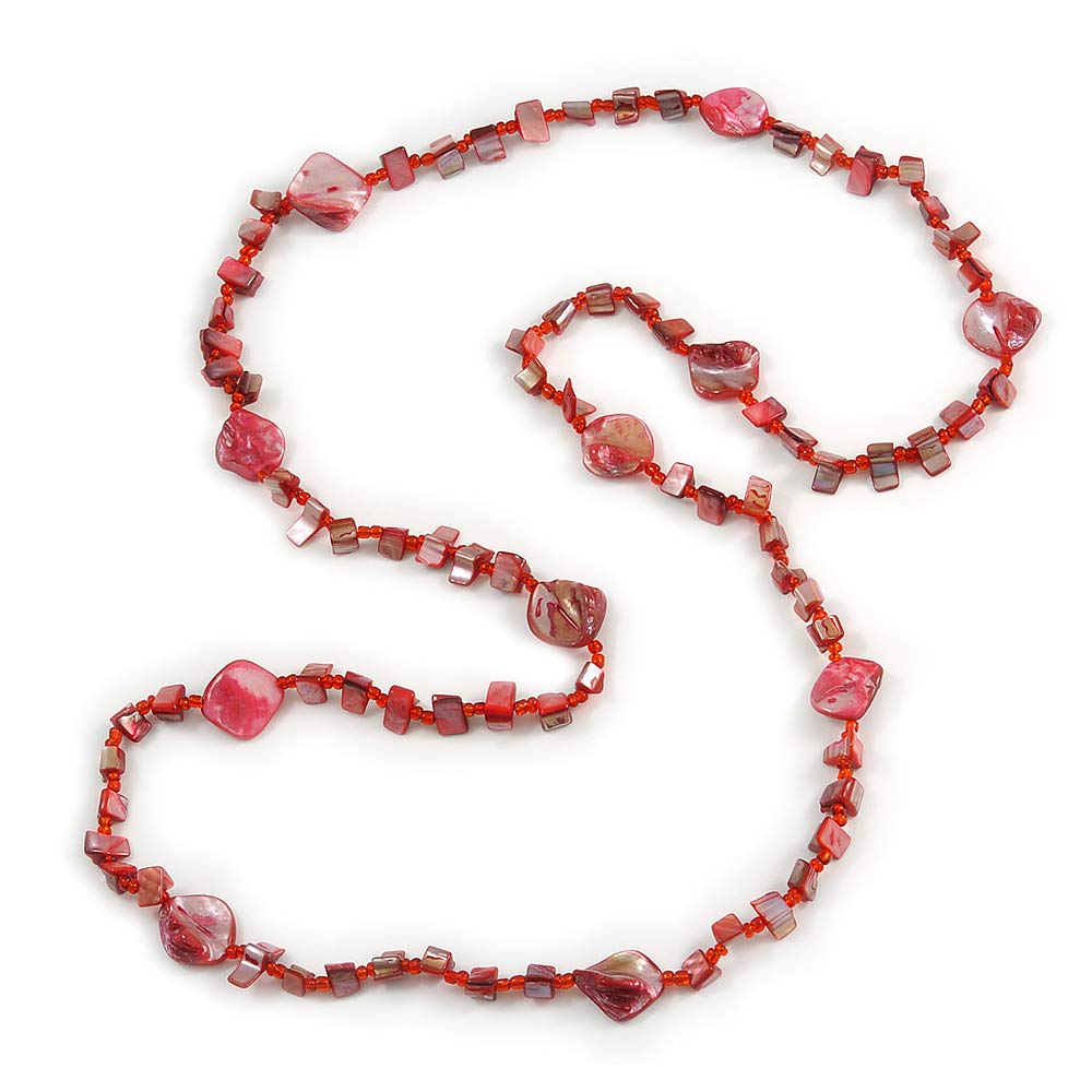 Avalaya Red Glass Bead, Sea Shell Nugget Long Necklace/ 126cm L