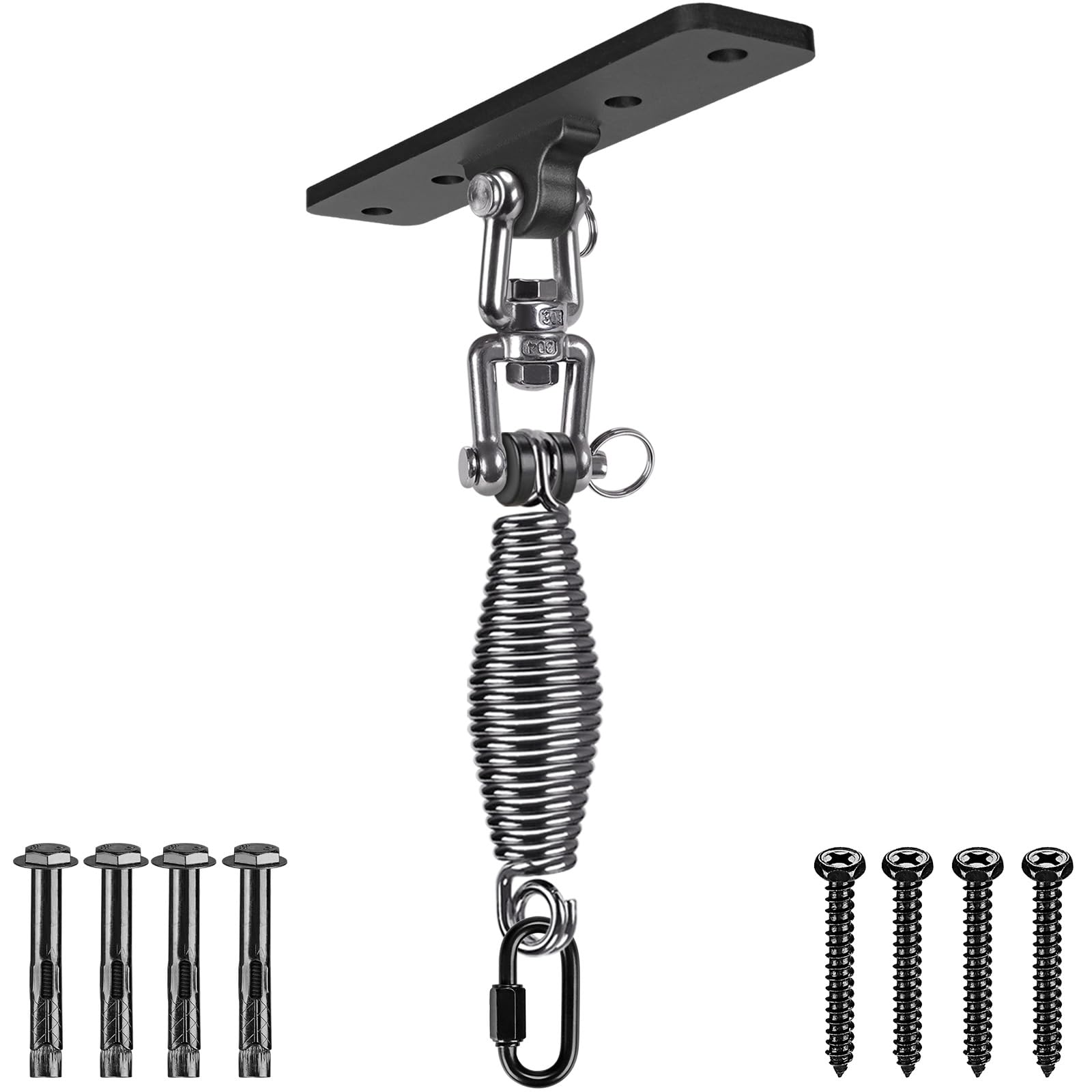 Dolibest Punching Bag Hanger, Boxing Ceiling Hook Punch Holder 4 Hole Swing Bracket 360 Swivel with Carabiner & 4.5mm Spring for Gym Heavy Bag Hammock Wood/Concrete Wall Beam Mount, up to 350lbs