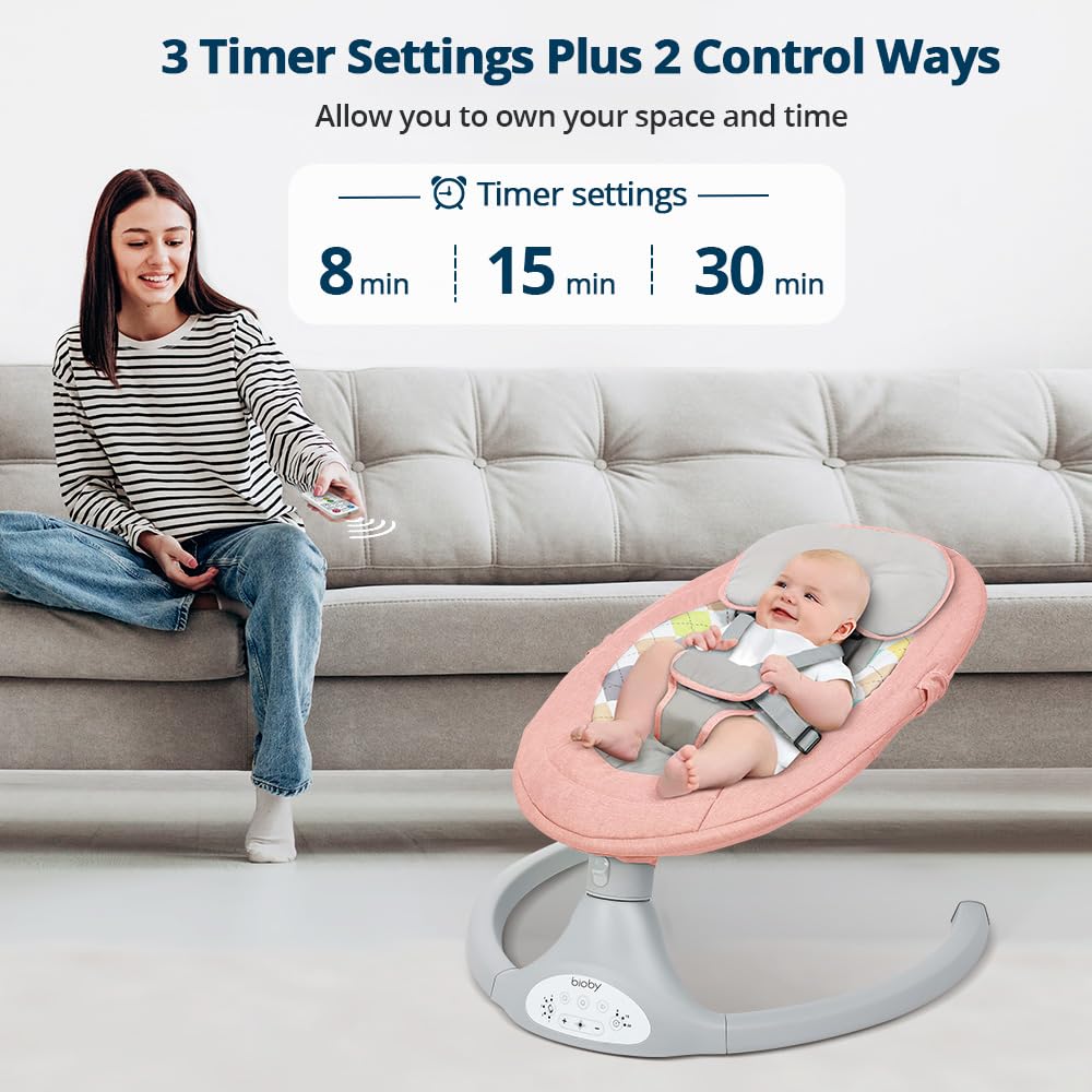 Bioby Baby Swing for Infants with 5 Natural Sway Speeds, Portable Bt Music Baby Bouncer with Remote Control & 5-Point Harness, Lightweight Baby Rocker for 5-20 Lb,0-12 Months Pink