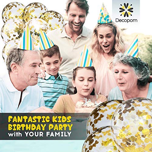 Decopom Gold Confetti Balloons Curling Ribbon - Roll & Flower Clips 57 Pack | Premium 12 Inch Latex Party Balloons - Filled Round Golden Mylar Foil Dot Confetti Birthday, Wedding, Proposal