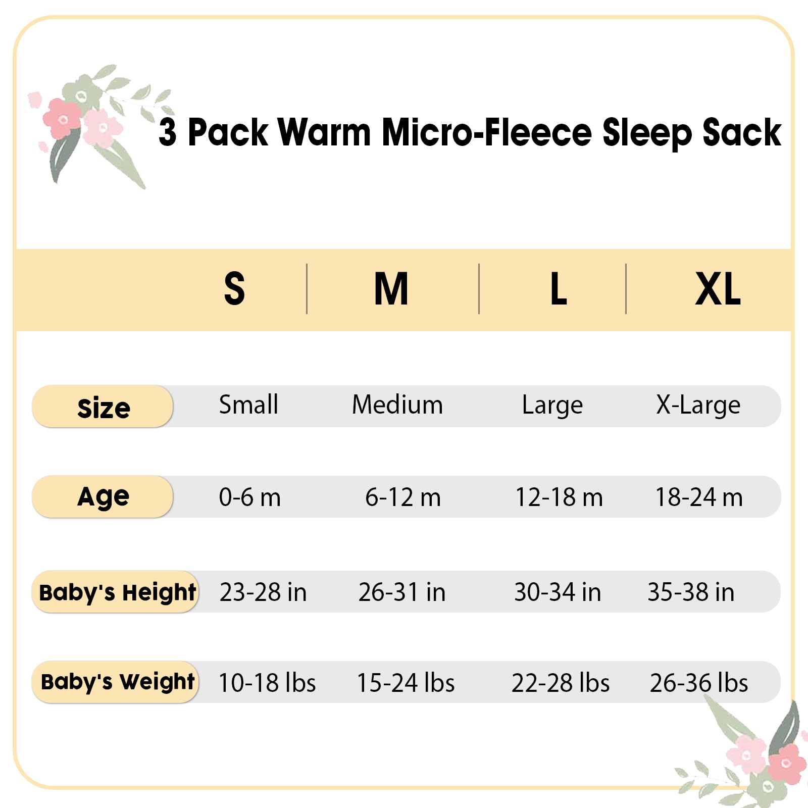 PHF 3 Pack Warm Micro-Fleece Baby Sleep Sack 6-12 Months, Soft Baby Wearable Blanket, 2-Way Zipper Sleeping Bags, Comfy Toddler Sleeping Sack for Girls, Medium Size, Floral