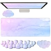 Cloud Mouse Pad and Keyboard Wrist Rest 4PCS Extended Large Desk Mat Pad Set Memory Foam Non-Slip Ergonomic Gaming Mouse Pad Wrist Support for Computer Laptop Home Office Cute Pink Blue Sky