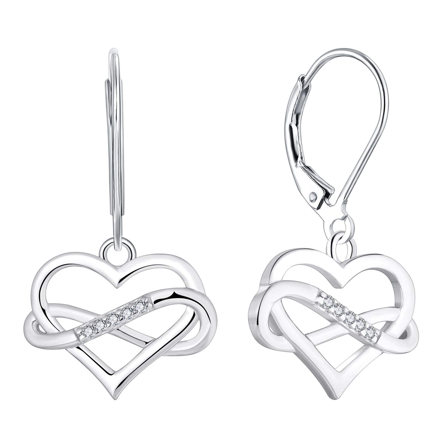 JO WISDOM Women Heart Infinity Earrings,925 Sterling Silver Leverback Dangle & Drop Earrings with 3A Cubic Zirconia April Birthstone with White Gold Plated