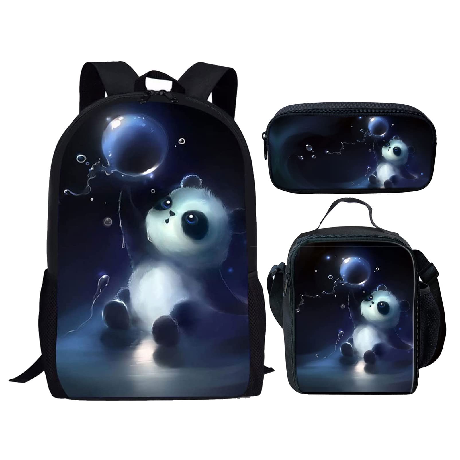 BYCHECAR Panda School Bag for Girls Secondary School Lunch Box Pencil Case Set,Primary Boys Bookbag Kids Backpack Student Casual Daypack