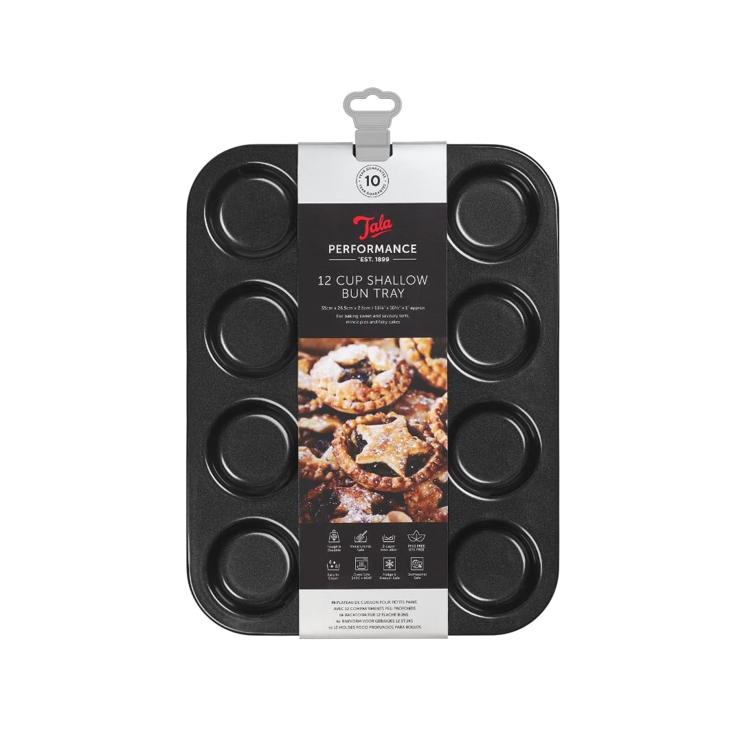 Tala Performance 12 Cup Shallow Bun Tin, Professional Gauge Carbon Steel with Eclipse Non-Stick Coating, Oven-Proof, Perfect for Buns, Cupcakes, Mince Pies & Tarts, 34.8x26.4x1.68 cm