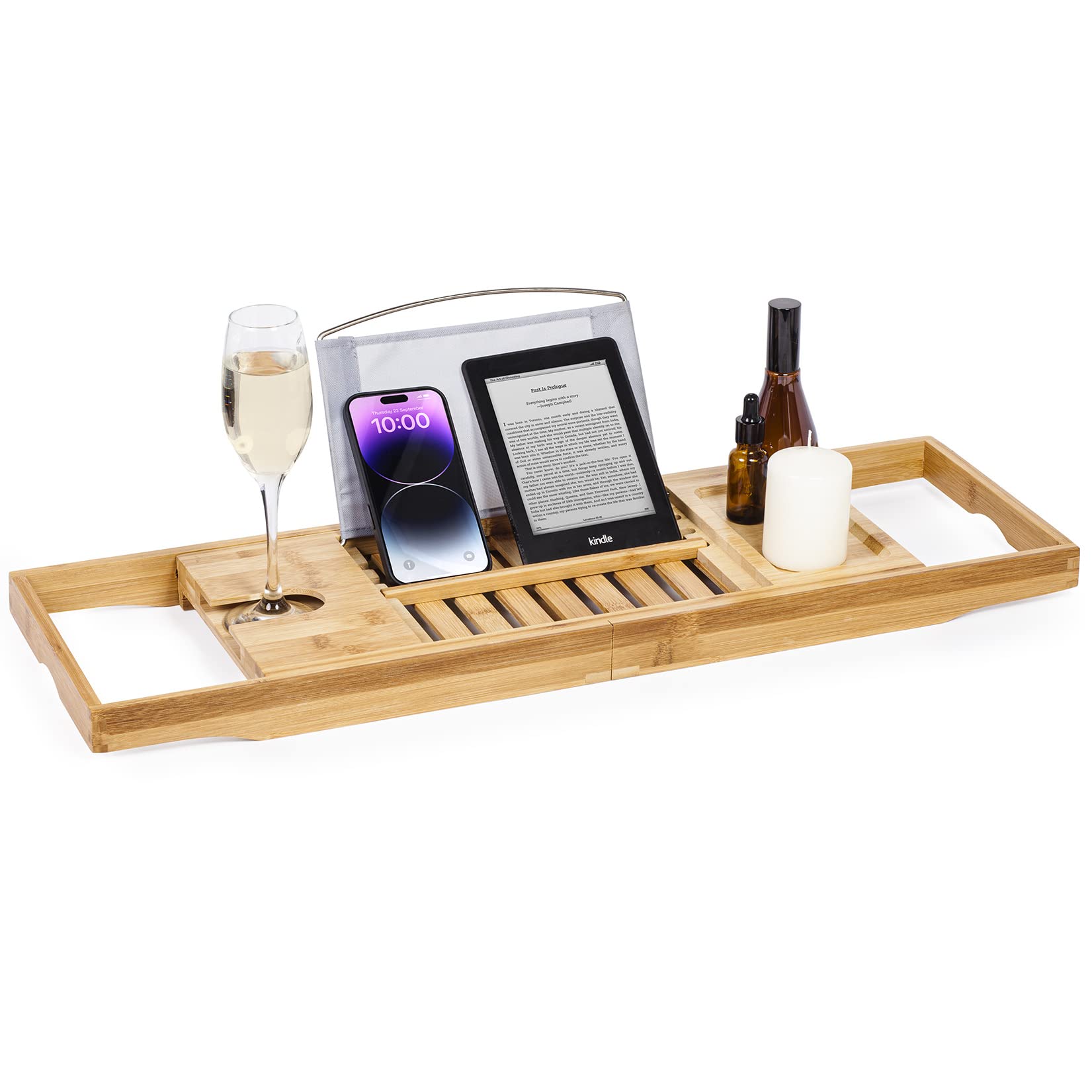 Woodluv Extendable Bath Tray, Bathtub Caddy Tray with Wine Glass, Candle, Book Holder, iPad & Phone Holders, Bathroom Accessories