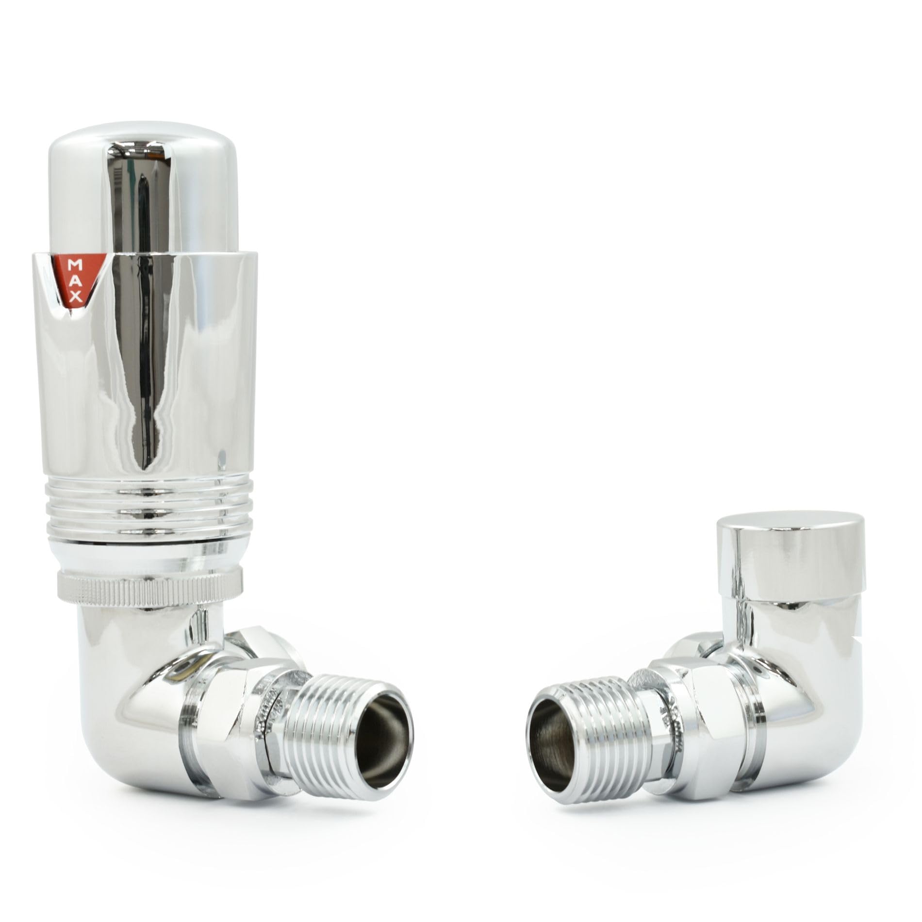 Hot Flow Chrome Estuary Corner TRV Thermostatic Radiator Valve (Pair) Includes Corner TRV Body, Wheel Head, Lock Shield. for Quick & Easy Temperature Control.