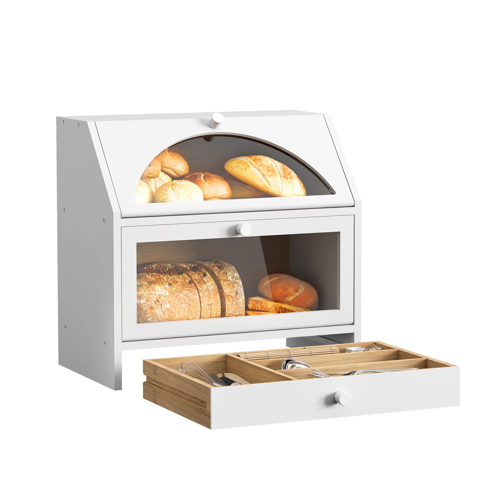 Photo 1 of BMOSU Bread Box for Kitchen Countertop Corner Bread Box Bamboo Extra Large Double Layer Bread Storage Bin with Silverware Drawer Organizer (Transparent Door)