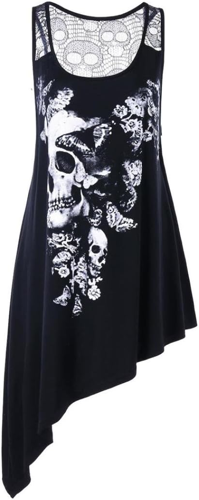 DEELIN Fashion Summer Women Loose Plus Size Sexy U Neck Sleeveless Skull Printed Asymmetric Hollow Out Tank Top Vest