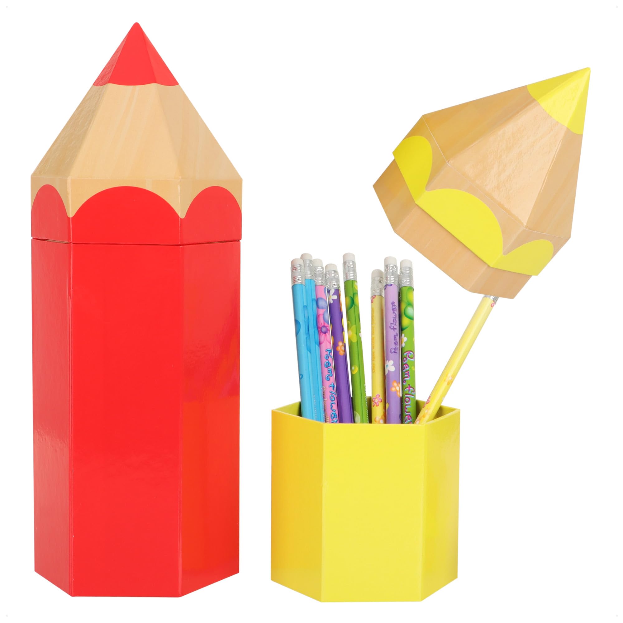 com-four® 2x gift bag, gift packaging for school beginners, pencil-shaped school cone, stable cardboard box for school materials for school enrollment (2 pieces - yellow + red)