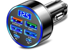 AOKDOM 6 Ports Fast Car Charger with Voltage Monitor,Car Cigarette Lighter USB Charger (PD+QC3.0) Compatible with iphone13/14/15 & Most Android Models,Car Must Haves USB C Car Charger (1PCS)