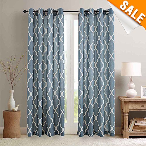 Linen Curtains for Bedroom Geometric Curtain Textured Drapes Lattice Moroccan Tile Print Drapery light filtering Style for Living Room Dining Room Grommet Window Treatment 50" x 95" inch Blue 2 Panels