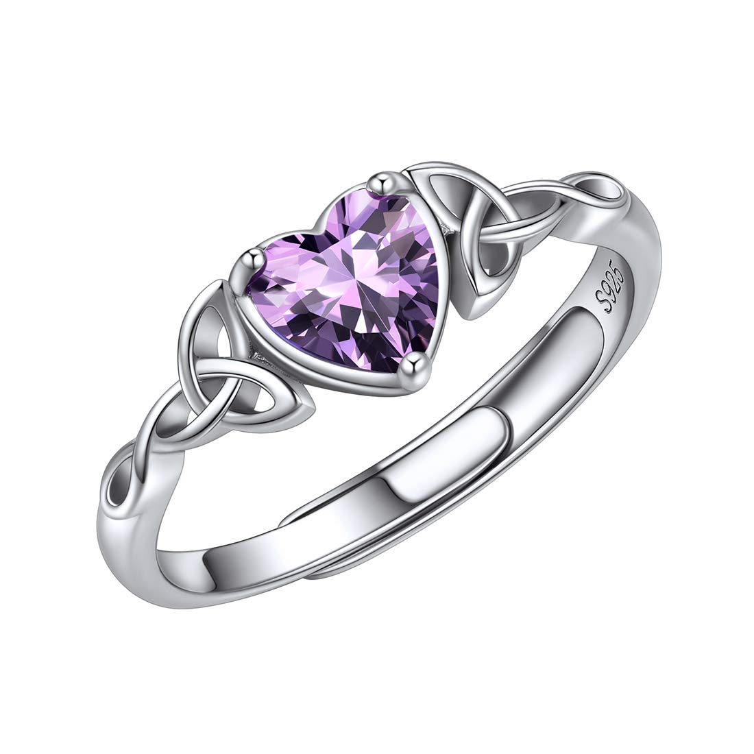 ChicSilver Silver Rings for Women Celtic Heart Birthstone Ring Adjustable February Amethyst Wedding Engagement Ring
