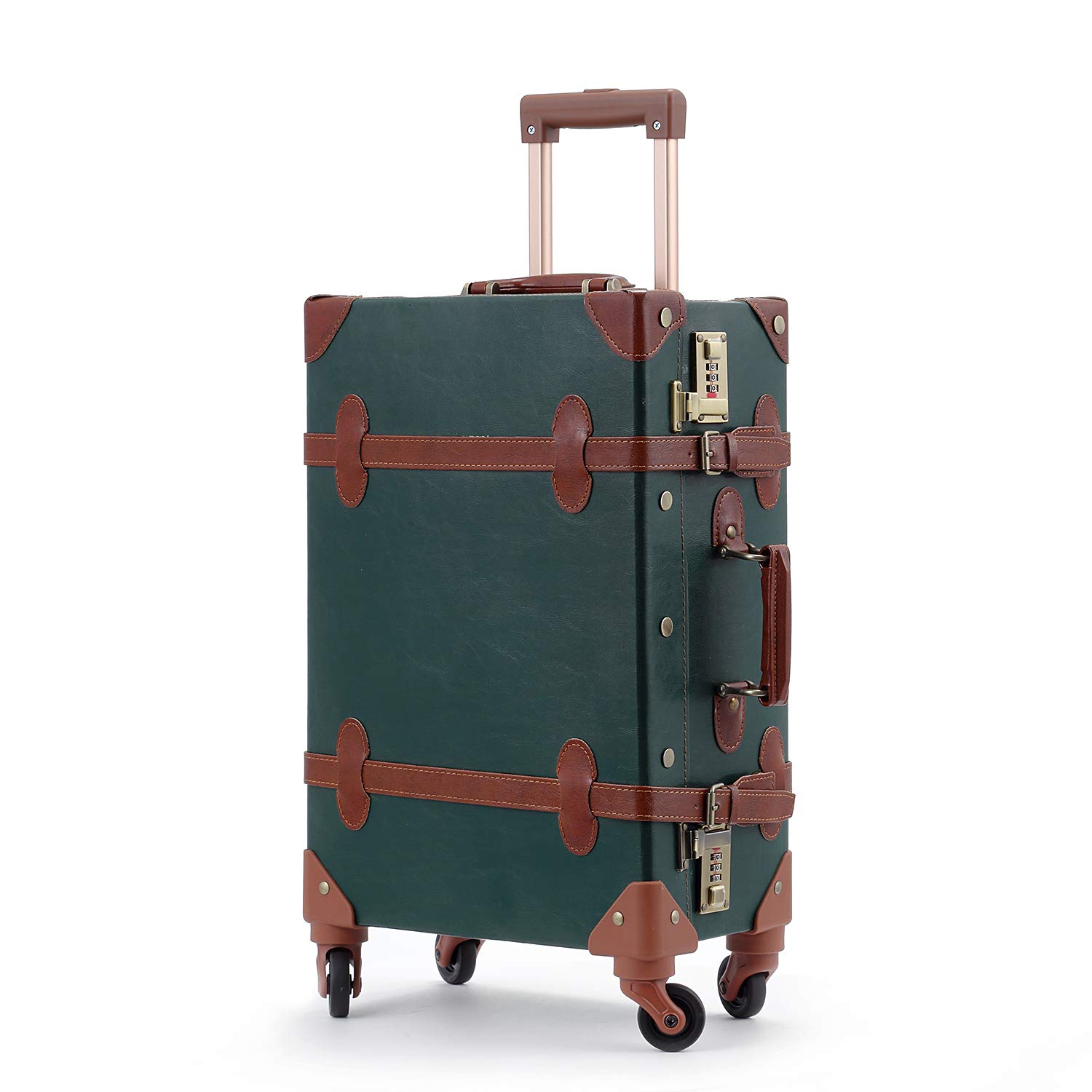 Unitravel Vintage Carry on Suitcase 20 inch Retro PU Trunk Rolling Spinner  Luggage (Dark Green) - Main Image