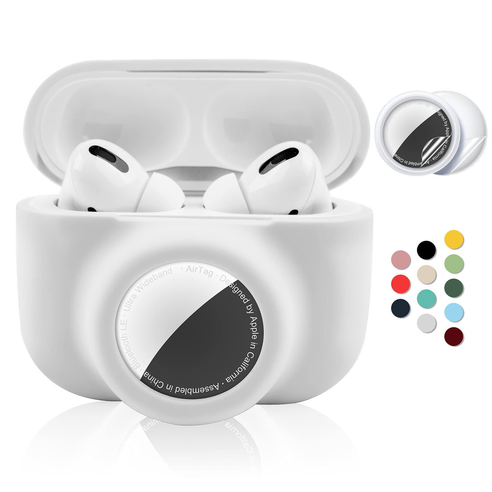 Photo 1 of 2 in 1 Protective Case for Apple AirPods Pro Air Tag Holder Combo Set, Soft Silicone Airpods Pro AirTag Case with 2 PCS Screen Protector, Anti-Scratch Anti-Fall Anti-Lost Shockproof Durable(White)