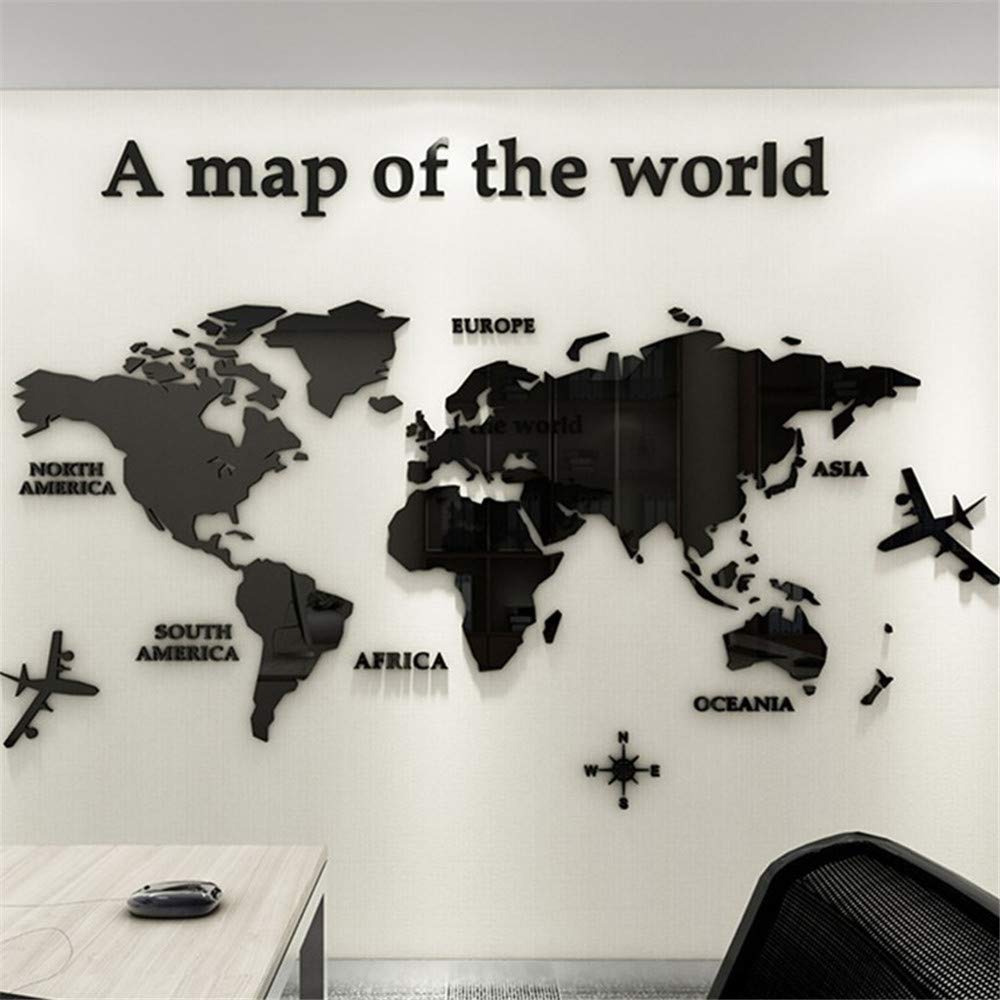 3D World Map Stickers Wall Decoration Art Sticker for Office Study Living Room Bedroom Sofa Background Room Decor Wall Decals Stickers (180 * 100cm, Black)