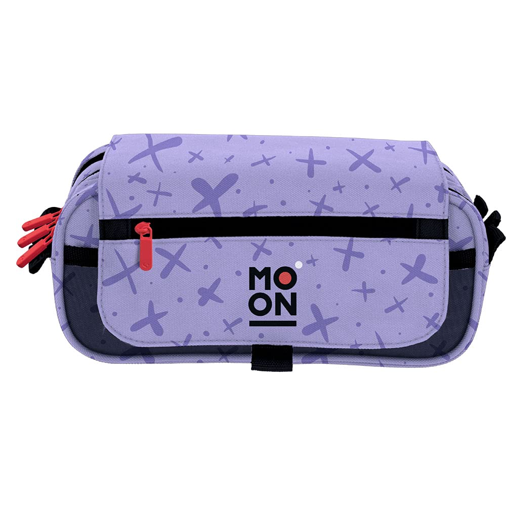 Grafoplás 37546469. Three Compartments Pencil Case with Flap, Lavender, Moon Collection, Size: 23 x 10 x 10 cm