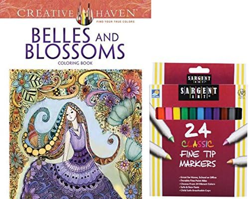 Sargent Art Classic Fine Tip Markers in a Case, Set of 24 and Dover Creative Haven Belles and Blossoms Coloring Book, Patterns with Ladies and Flower Designs to Color for Stress Relieving Therapy!