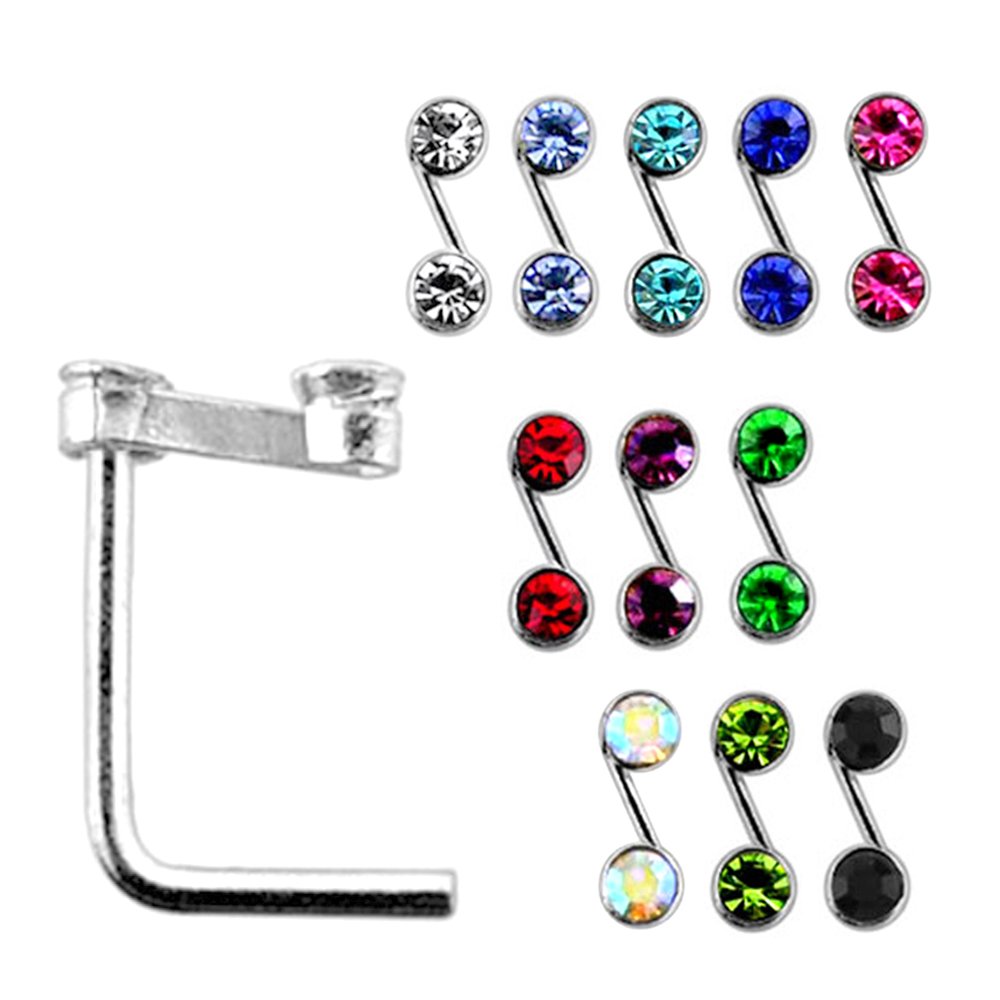 20 Pieces Box Set of Double Jeweled S Shape Top Sterling Silver L Bend Nose Stud Jewelry