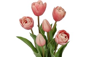 DILATATA 6 Pcs Artificial Tulips Flowers Pink Real Touch Fake Latex Tulips Flowers for Mother's Day 14" Faux Tulips Faux Flowers for Vase Centerpieces Home Wedding Bouquet