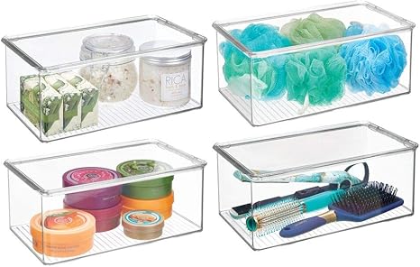First Aid Mdesign Long Plastic Stackable Storage Container Bin Box Hinged Lid Bath Salts Bar Soap Clear Makeup Hair Accessories Loofahs Bathroom Cabinet Organizer For Toiletries 2 Pack Bathroom Accessory Sets Home