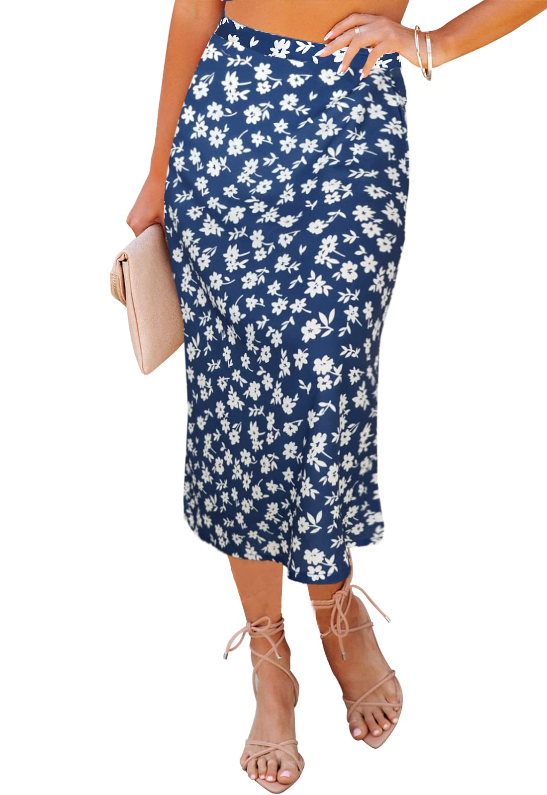 Photo 1 of HERBATOMIA Women’s High Elastic Waist Floral Print Casual Zipper Vintage Long Boho Skirts for Women