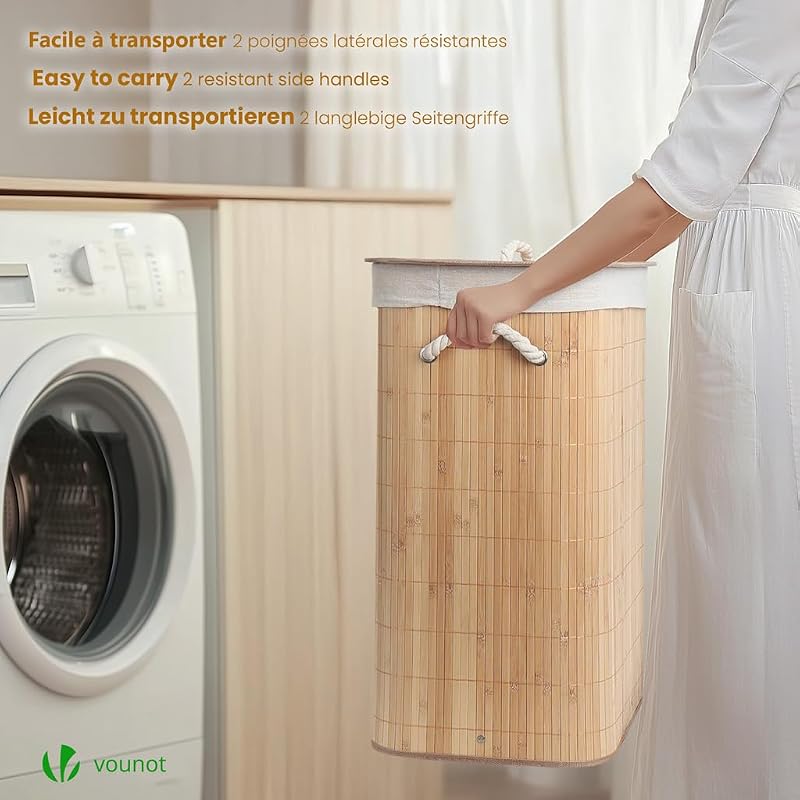 ® Cesto Portabiancheria Rettangolare in Bambù 72L, Cesto Pieghevole per Panni Sporchi con Coperchio, Manici e 2 Borse Rimovibili, per Bagno, Lavanderia e Camera da Letto, Naturale