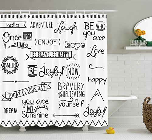 Ambesonne Adventure Shower Curtain, Various Quotes on Happiness and Self Value Uplifting Phrases Being Who You are, Fabric Bathroom Decor Set with Hooks, 105 inches Extra Wide, Black White Ambesonne Adventure Shower Curtain, Various Quotes on Happiness and Self Value Uplifting Phrases Being Who You are, Fabric Bathroom Decor Set with Hooks, 105 inches Extra Wide, Black White