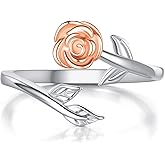 AXOMY Rose Ring 925 Sterling Silver Rose Flower Adjustable Ring Leaf Flower Jewelry Gifts for Women