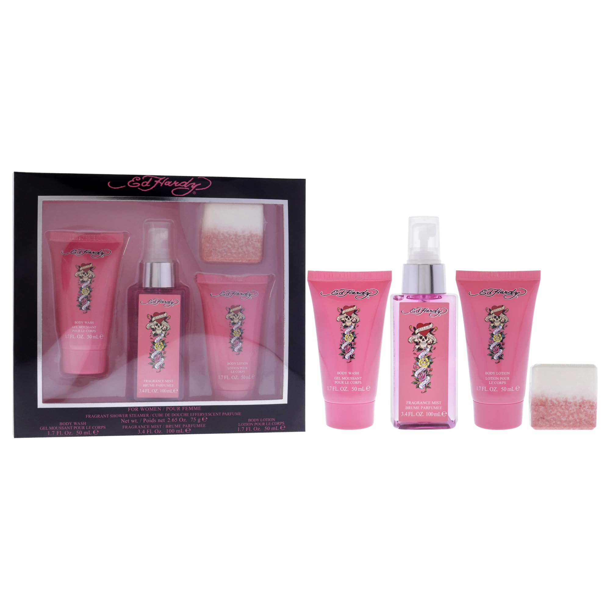 Ed Hardy Women's Perfume Gift Set, 4 Pieces Include Fragrance Mist, Body Lotion, Body Wash, and Fragrant Bath Fizz