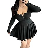 SOLY HUX Women's Plus Size Dress Scoop Neck Long Sleeve Button A Line Flared Casual Going Out Short Dresses
