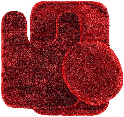 3 PIECES BATHROOM SET BATH MAT COUNTOUR RUG LID COVER PLAIN SOLID COLORS (BRIGHT RED)
