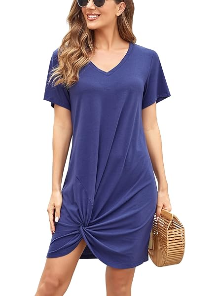 ANRILITA TWIST FRONT KNOT DRESS FOR WOMEN 2023 SUMMER CASUAL SHORT SLEEVE V NECK LOOSE T SHIRT MIDI DRESSES KNEE LENGTH NAVY BLUE
