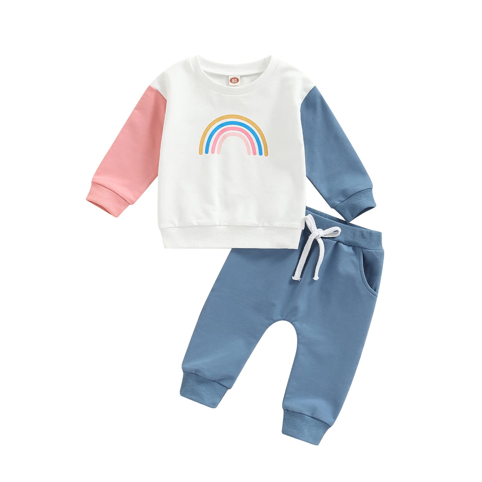 Photo 1 of Thorn Tree Newborn Baby Girls Clothes Cotton Suit Cute Baby Kid Infant Toddler Play Wear Fall Winter Rainbow Outfits (Blue Pants Rainbow Suit, 6-12 Months)