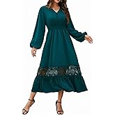 Olaesa Women's Long Sleeve Boho Maxi Dress 2026 V Neck Smocked Elegant Long Dresses with Pockets for Wedding Guest Vacation